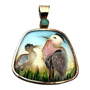 Rare Tricia Young 18K Gold Sterling Silver Enamel Bird Crane Opal Pendant